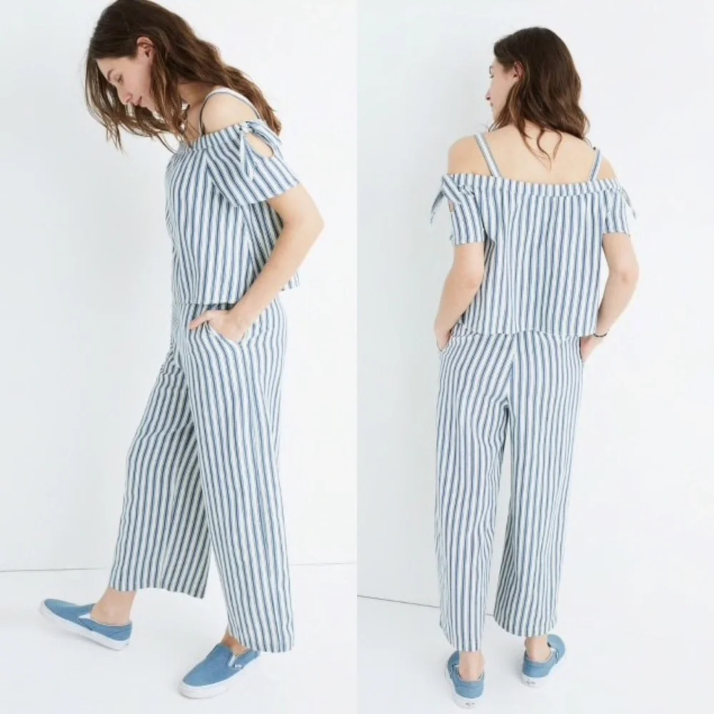 Madewell Blue & White Striped Cold Shoulder Cropped Jumpsuit